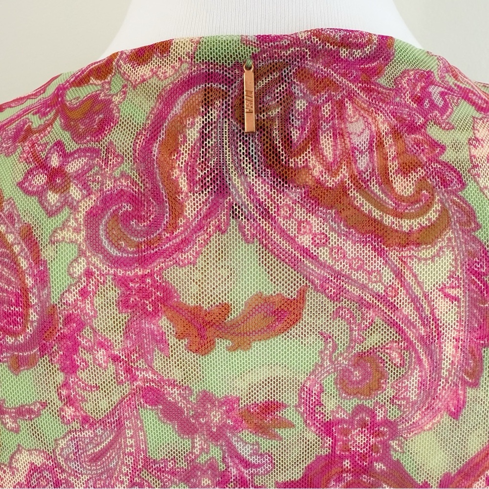 MISA PINK GREEN VINTAGE PAISLEY PRINT AVA MESH TWIST FRONT SLEEVELESS MIDI DRESS - Picture 9 of 14
